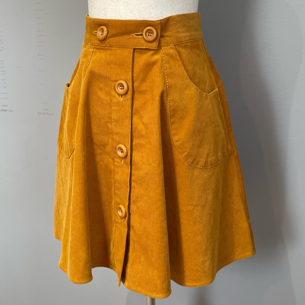 Hell Bunny Corduroy Mini Skirt Size XS Mustard Yellow High Waist 100% Cotton
